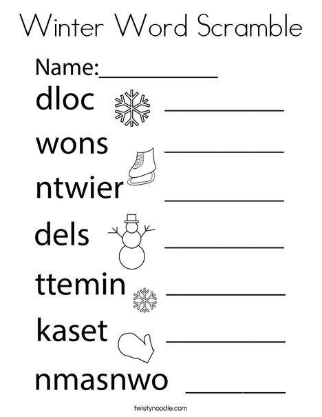 Winter word scramble coloring page