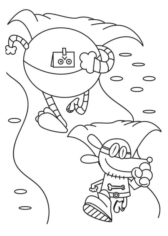 The robot is trying to catch up with the dog man coloring page
