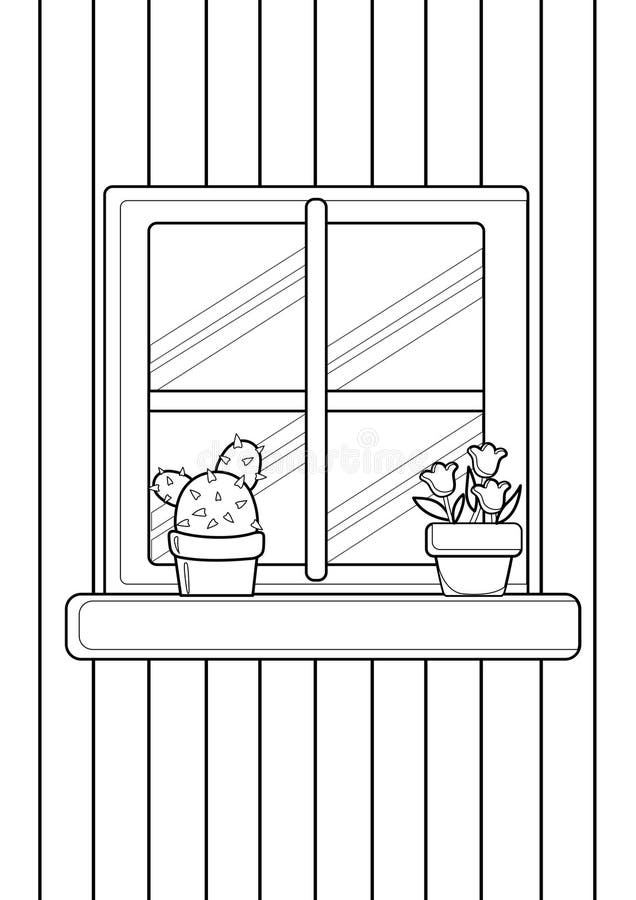 House interior window coloring pages a for kids and adult stock illustration