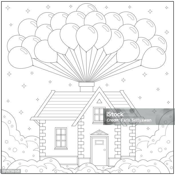 Fantasy miniature of house in the glass ball souvenir with beautiful ribbon learning and education coloring page illustration for adults and children outline style black and white drawing stock illustration