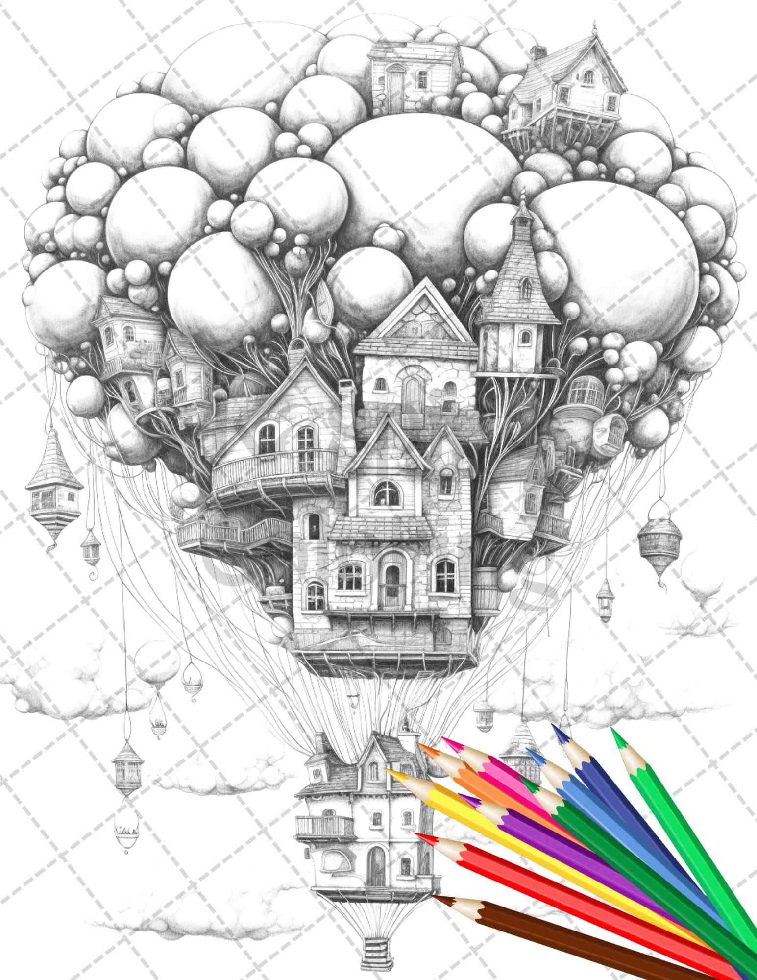 Fantasy sky houses grayscale coloring pages printable for adults p â coloring