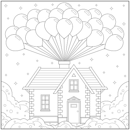 Fantasy house flying in the sky with balloon learning and education coloring page illustration for adults and children outline style black and white drawing stock illustration