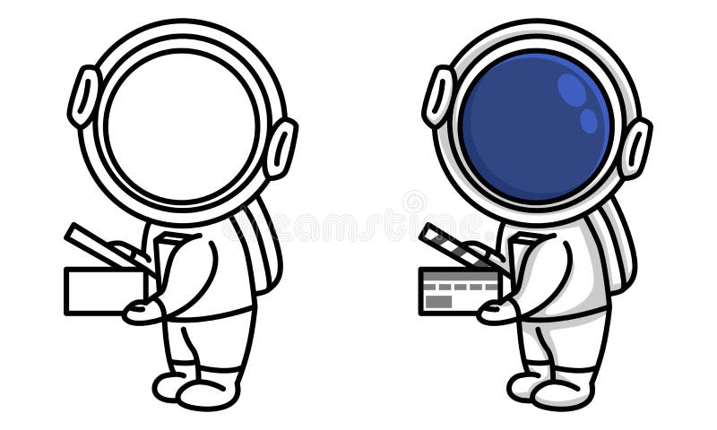 Astronaut holding up a clapboard movie film coloring page for kids stock vector