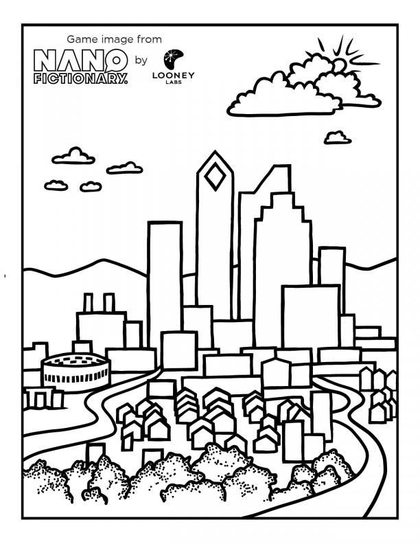 Nanofictionary distant city coloring page looney labs