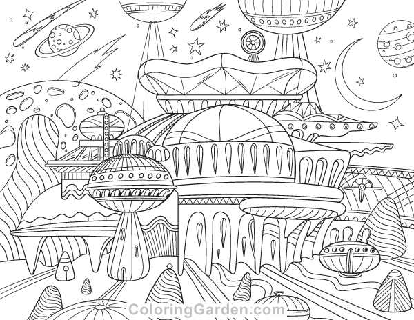 Alien city adult coloring page