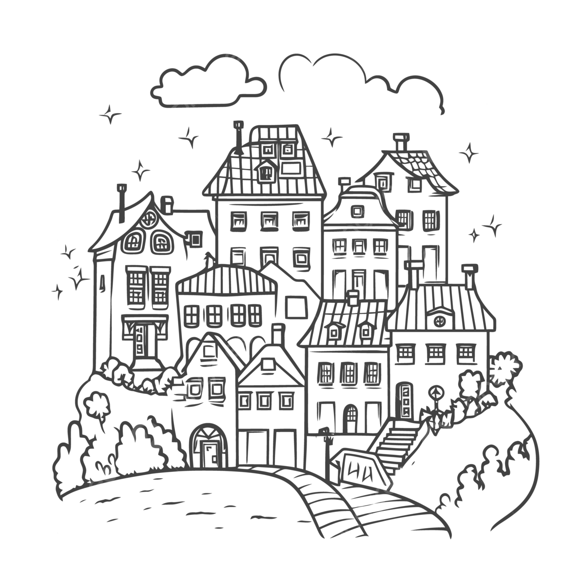 Old town coloring pages free printable cute city coloring outline sketch drawing vector city drawing wing drawing town drawing png and vector with transparent background for free download