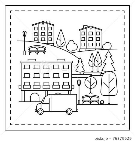 Coloring page with city landscape