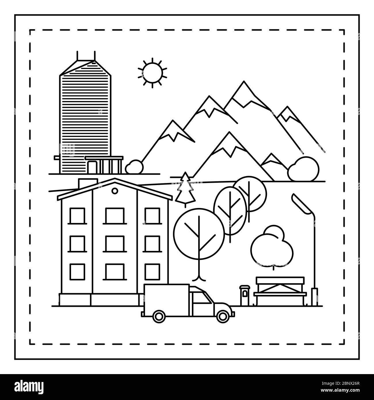 Coloring page for kids with city landscape houses car trees and bench vector illustration stock vector image art