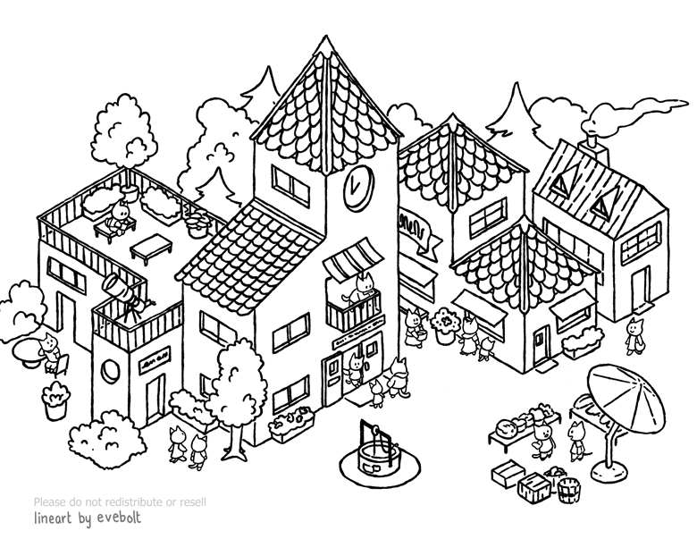 Little town square coloring page