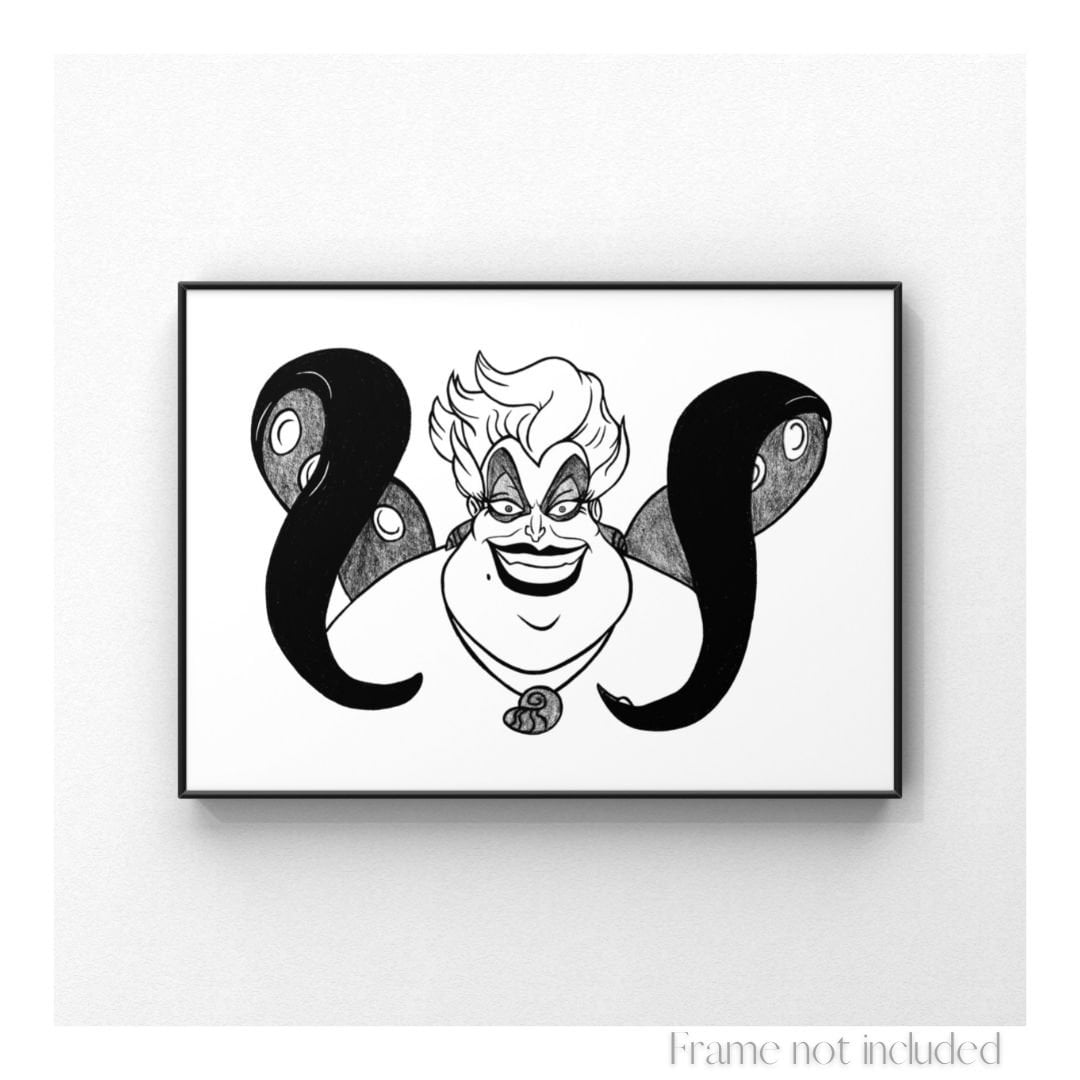 Ursula sea witch print the little mermaid drawing vilain walt disney sketch cecaelia illustration vintage anime sea poster art octopus