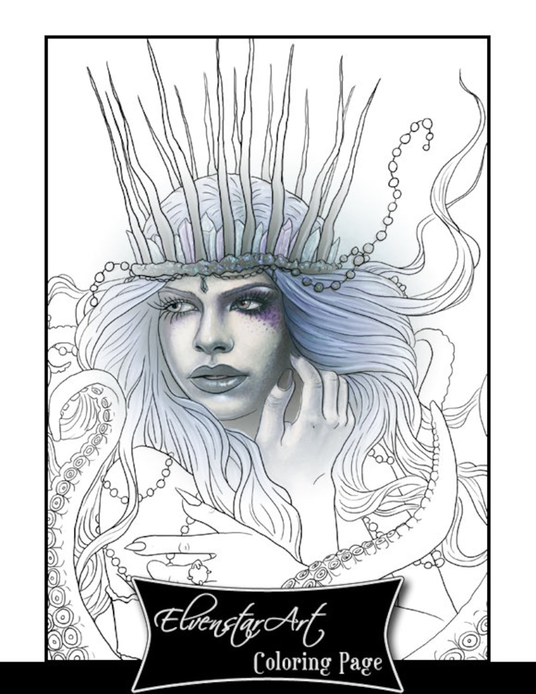 Coloring page printable gothic sea witch ursula cecaelia tentacles fantasy art adult coloring instant digital download line art printable