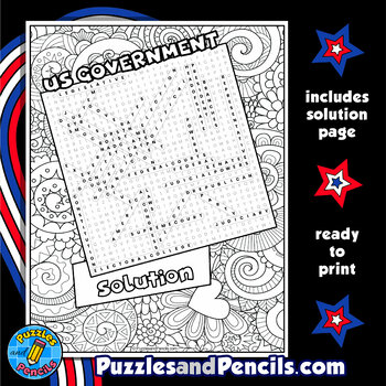 Us government word search puzzle activity page with coloring civics