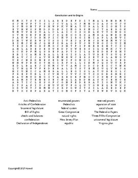 The constitution and its origins word search for american government