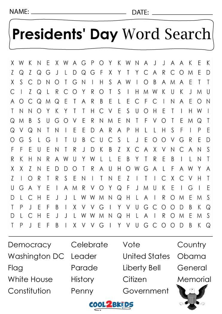 Printable presidents day word search