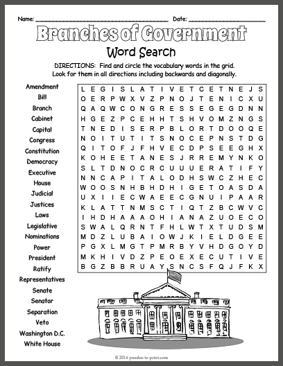 Three branches of us government word search puzzle worksheet activity made by teachers
