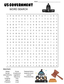 Us government word search with answer key by stokes scholars tpt