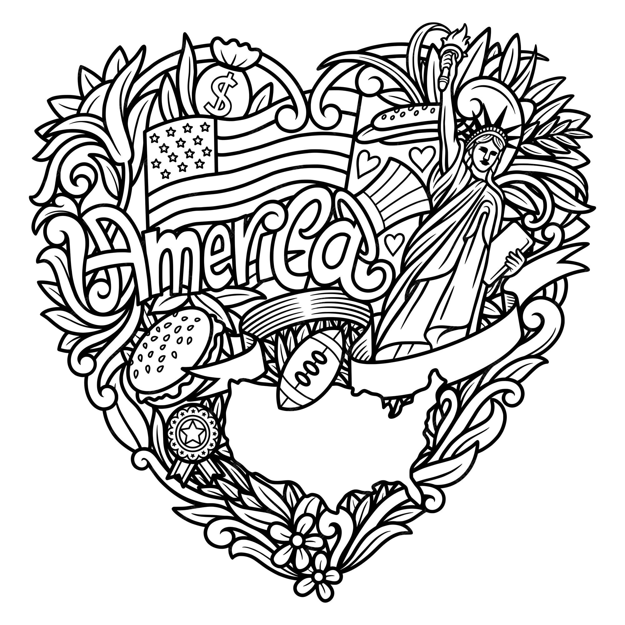 Premium vector usa elements america doodle drawing black and white for coloring book