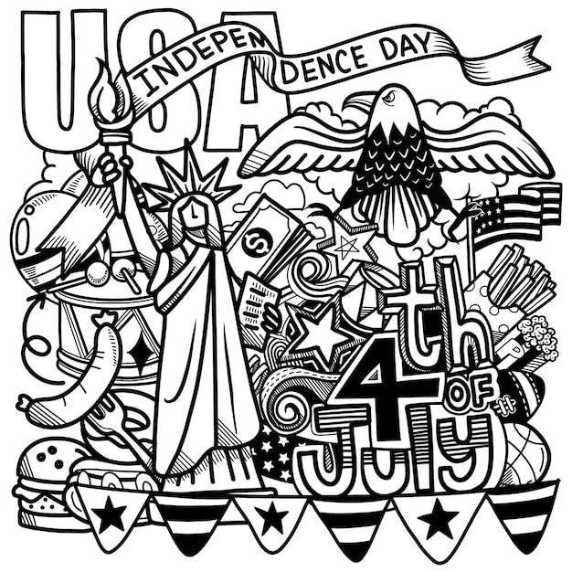 Premium vector th of july fourth of july doodle set usa independence day celebration poster hand draw doodle background vector illustration