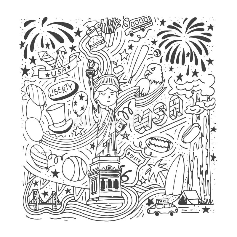 American theme doodle set hand drawn usa symbols for independence day labor day presidents day etc stock vector