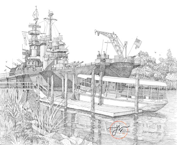 Battleship north carolina pen and ink drawing cape fear river historic downtown wilmington nc