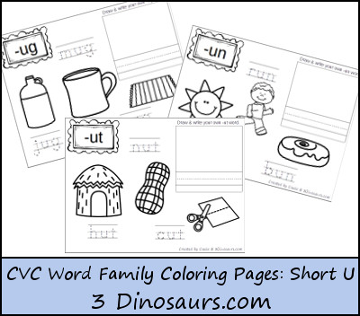 Free cvc word family coloring pages short u vowel dinosaurs