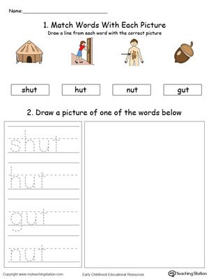 Free ut word family phonics and writing practice in color word families word family worksheets writing practice
