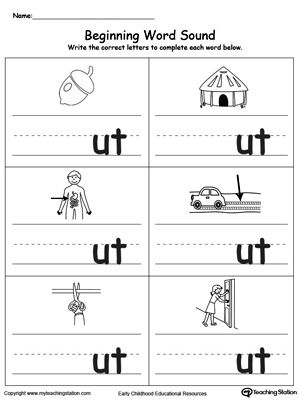 Free beginning word sound ut words phonics words kindergarten phonics worksheets word family worksheets