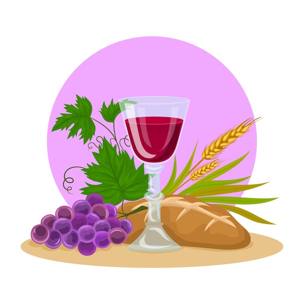 Premium vector chalice bread and wine grapes and wheat ears first munion