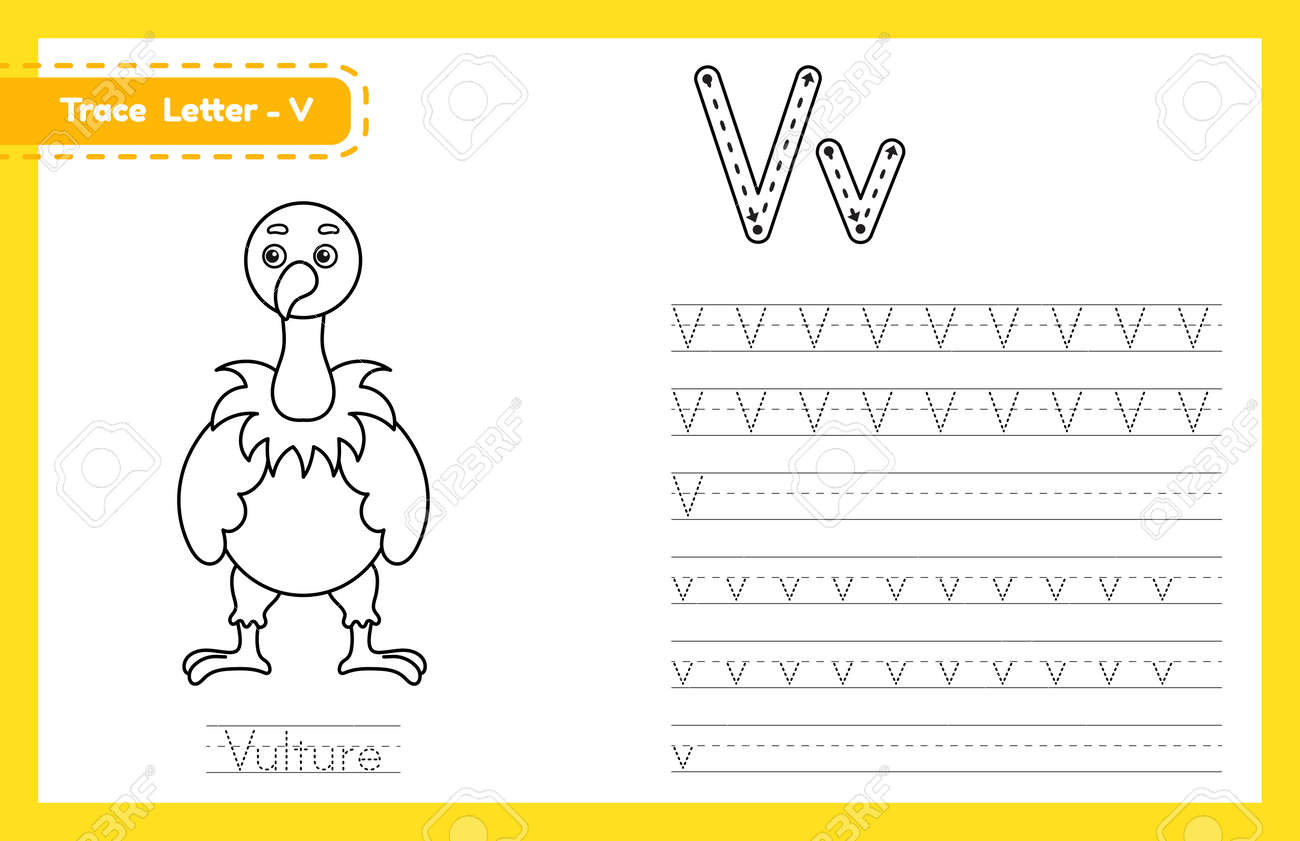 Trace letter v uppercase and lowercase alphabet tracing practice preschool worksheet for kids learning english with cute cartoon animal coloring book for pre k kindergarten vector illustration royalty free svg cliparts vectors