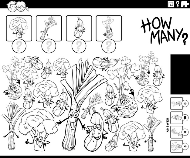 Premium vector how many activity with cartoon vegetables coloring page