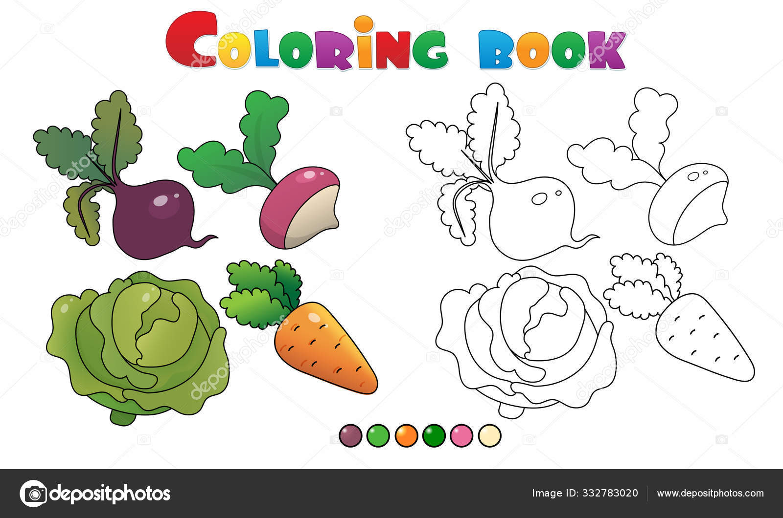 Coloring page outline of cartoon vegetables cabbage carrot beet and radish coloring book for kids stock vector by oleon