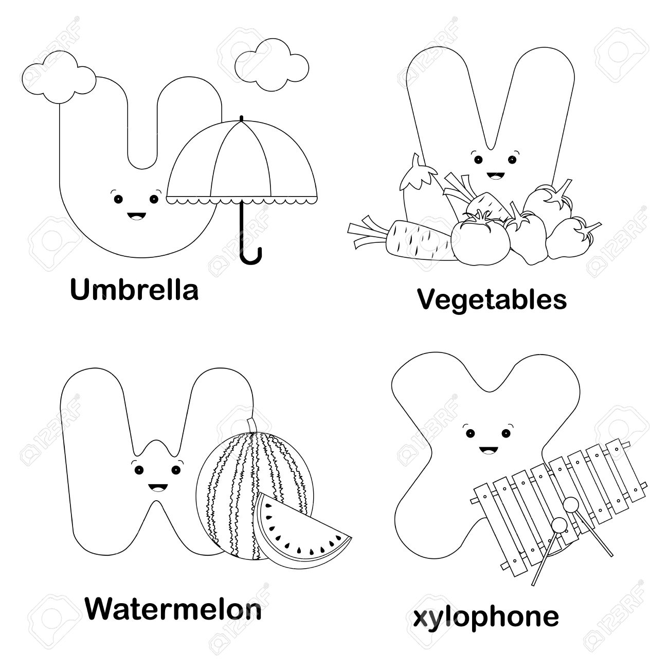 Illustration of alphabet coloring page letters u v w x with beautiful cliparts isolated on white background royalty free svg cliparts vectors and stock illustration image