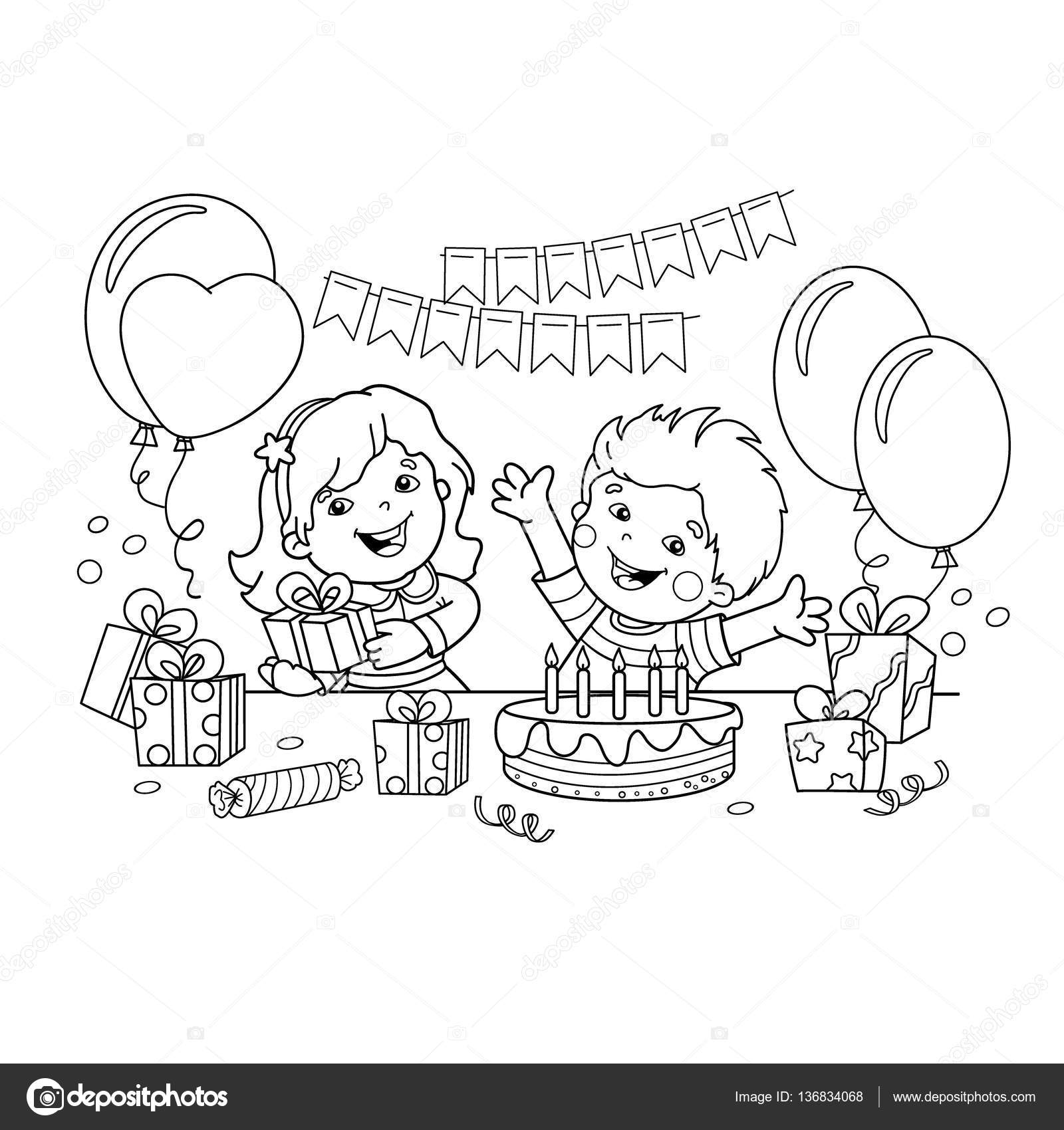 Pãgina para colorear esquema de niãos con regalos en las vacaciones vector de stock por oleon