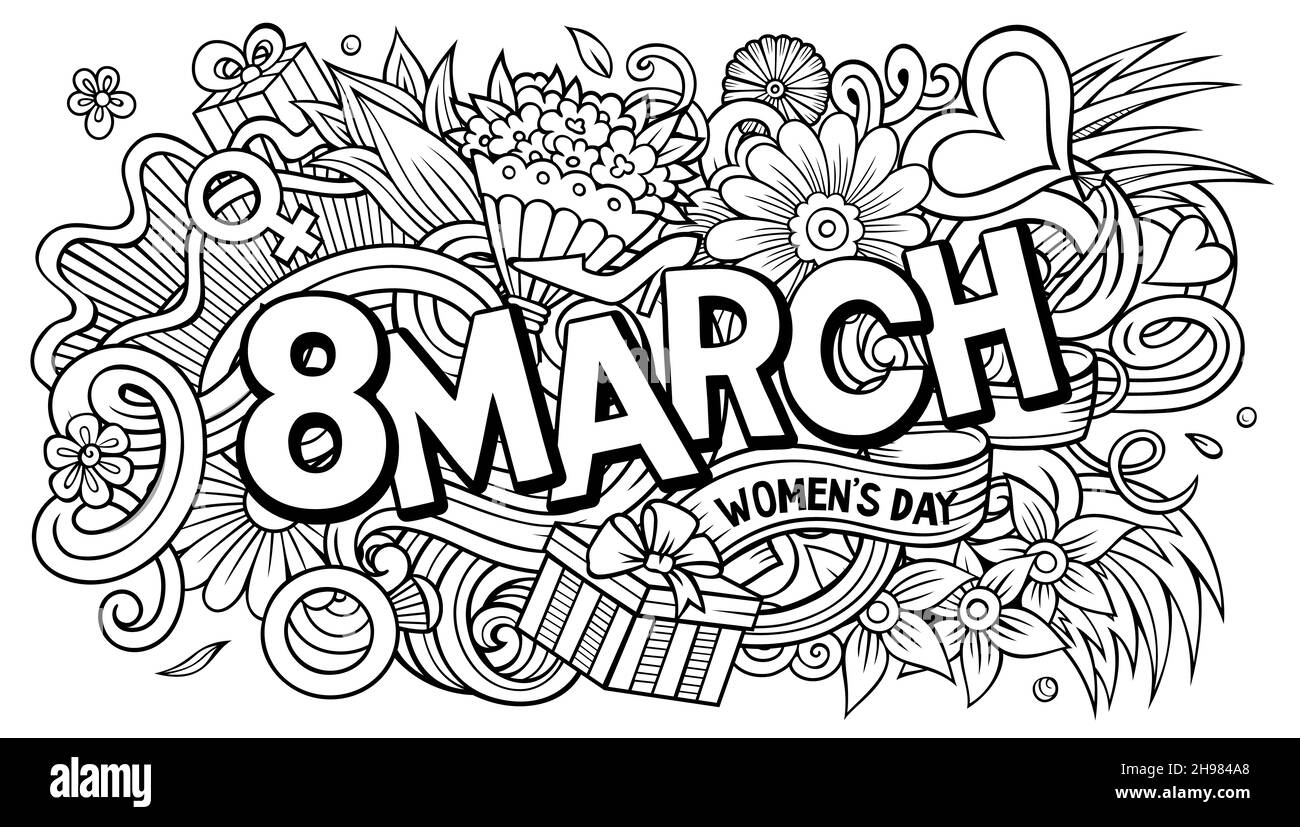 De marzo ilustraciãn de fideos de dibujos animados dibujados a mano diseão divertido de vacacion fondo de imagen de arte creativo texto crito a mano con elementos del happy womans day