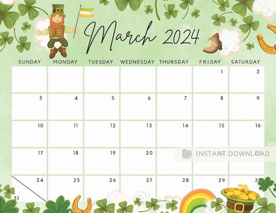 Calendario editable de marzo de para el mes de la suerte con trãboles lindo calendario imprimible planificador editable rellenable descarga instantãnea