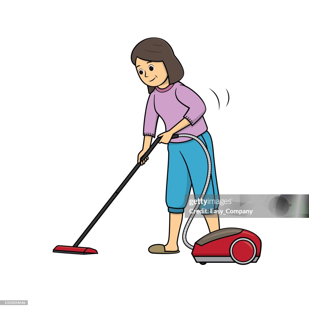 Color vector illustration of kids activity coloring book page with pictures of woman doing housework by vacuum high