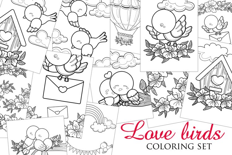 Cute love birds valentine animal coloring kids and adult