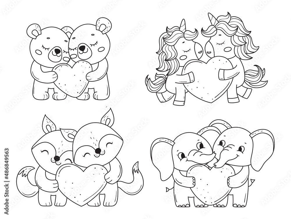 Set of adorable couples of valentine with heartanimals for coloring bookline art design for kids coloring page vector