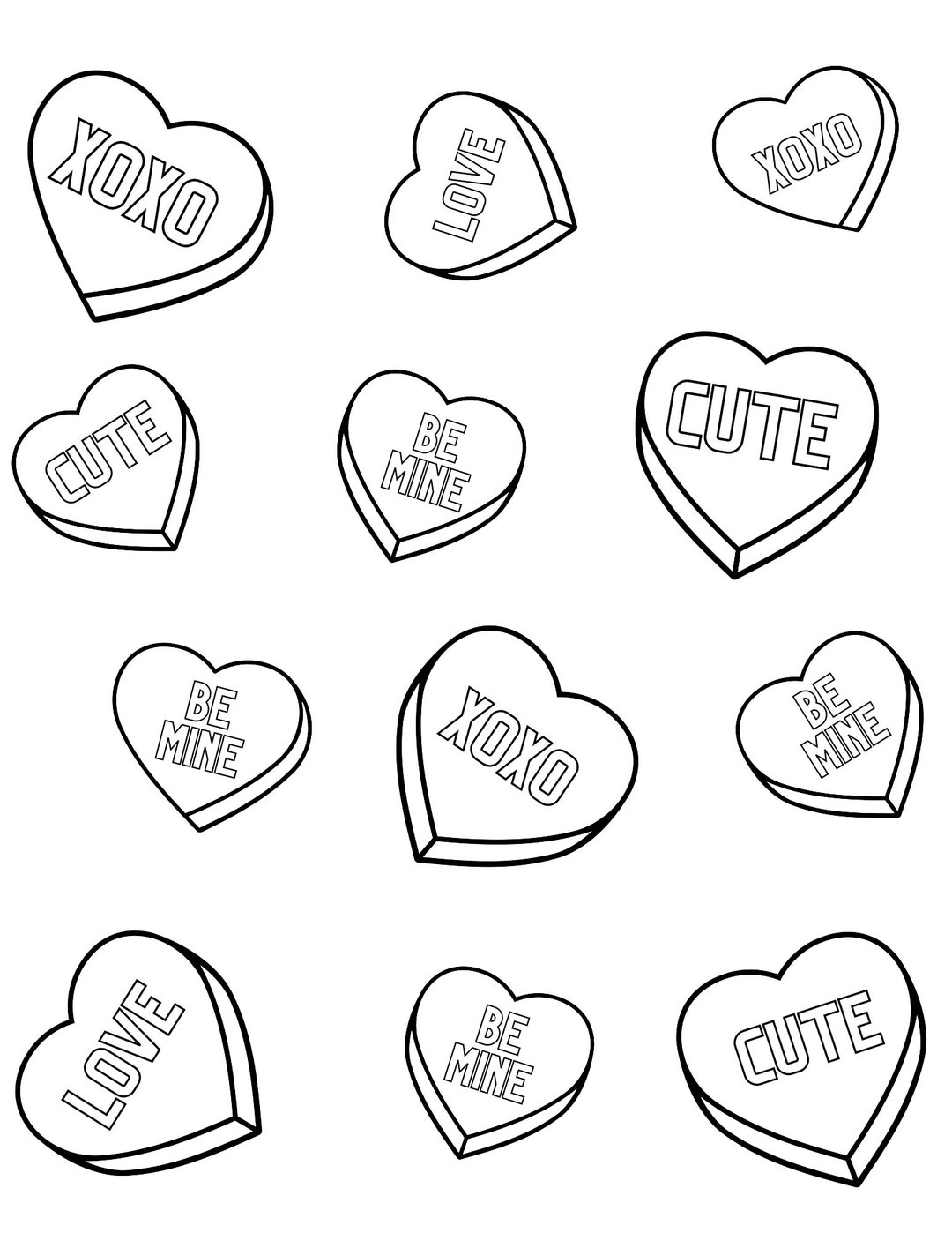 Happy valentines day conversation hearts candy coloring page