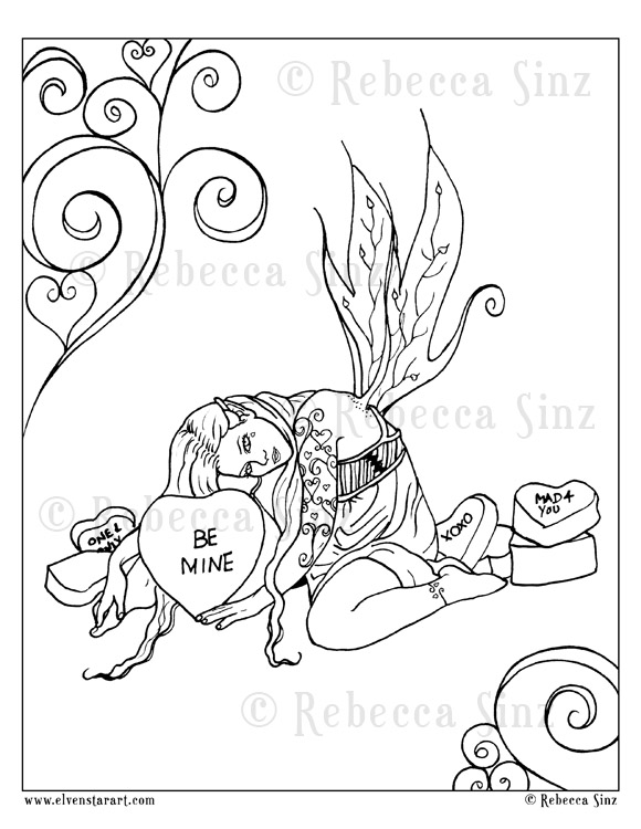 Candy hearts valentines fairy coloring page
