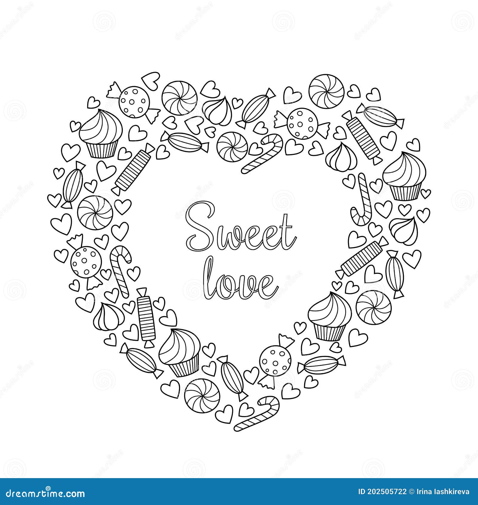 Valentines day vector doodle coloring book page heart from candies cupcakes candy canes other sweets and small hearts stock vector