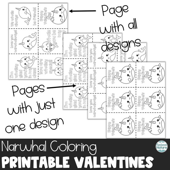 Narwhal coloring page valentine cards for kids classroom narwhal valentines day cards printable from teacher to student valentine