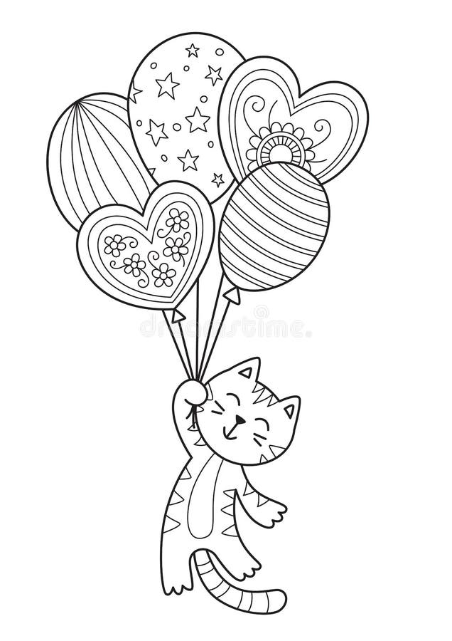 Doodle coloring book page cat with balloons valentine day illustration stock illustration