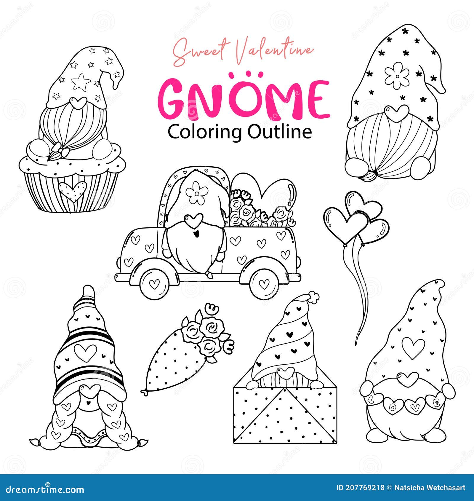 Cute valentine gnome coloring outline collection sweet valentine digital stamp set gnome cartoon doodle drawing set stock vector