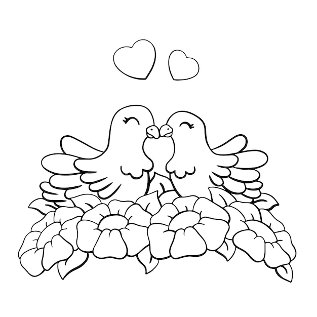 Premium vector a couple of doves in love sitting in flowers coloring page for kids digital stamp cartoon style character