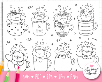 Valentines day mug coloring page animal mugs digital stamp svg