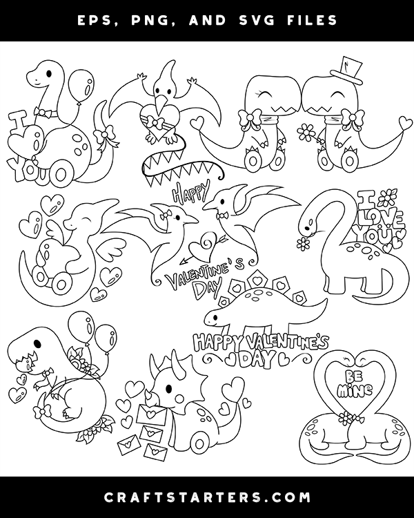 Valentine dinosaur digital stamps black and white clip art