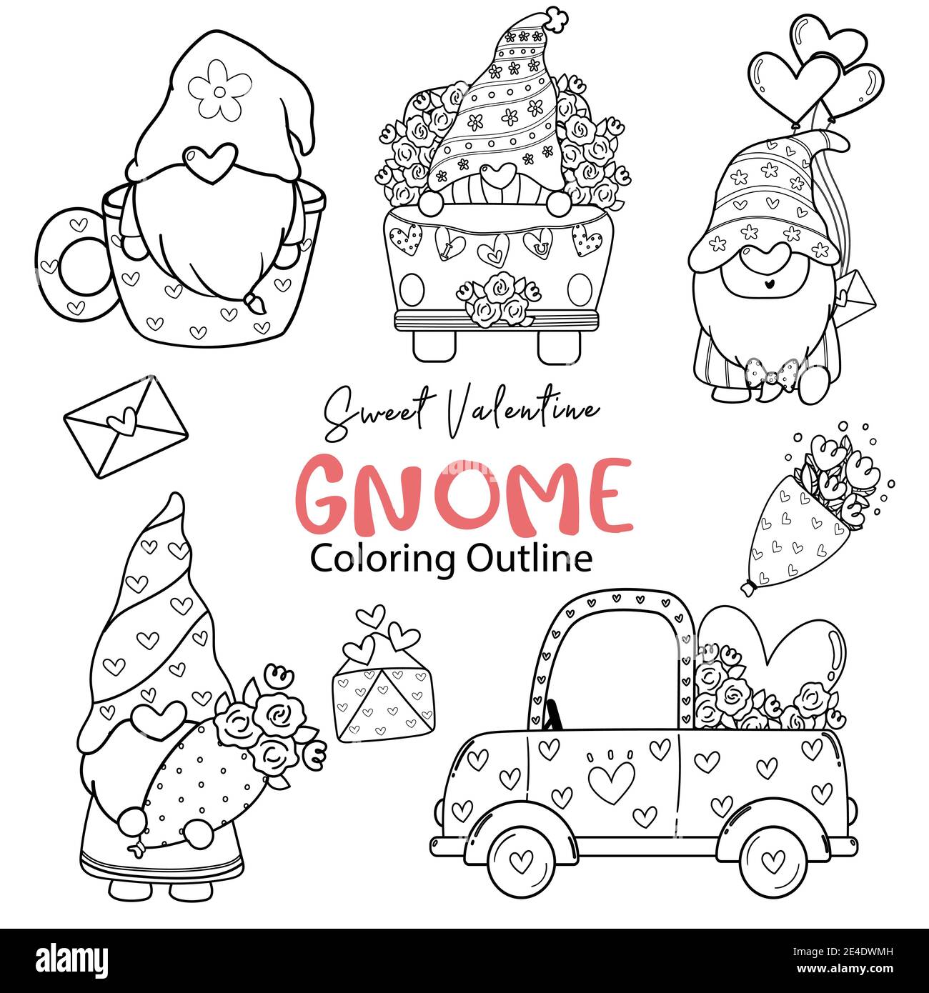 Cute valentine gnome coloring outline collection sweet valentine digital stamp set gnome cartoon doodle drawing set stock vector image art
