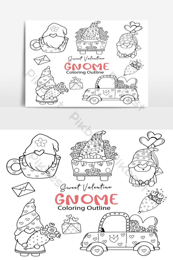 Cute valentine gnome coloring outline collection sweet valentine digital stamp set png images psd free download