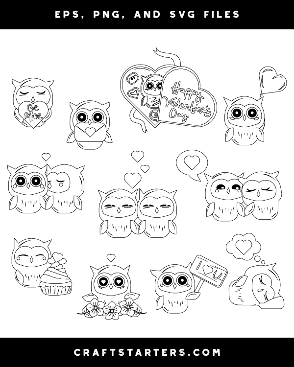 Valentine owl digital stamps black and white clip art